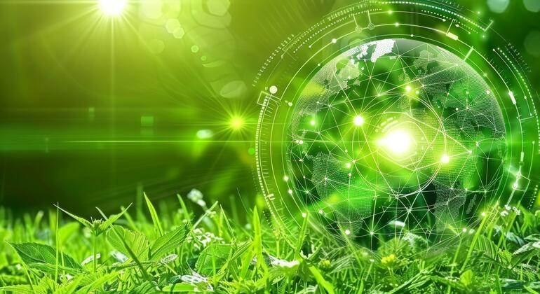 一个数字网络覆盖的全息球被投射到一个充满活力的绿色草地上, 象征着技术与环境之间的联系.